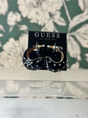 GUESS Black Enamel Crystal Studded Hoop Earrings NWT